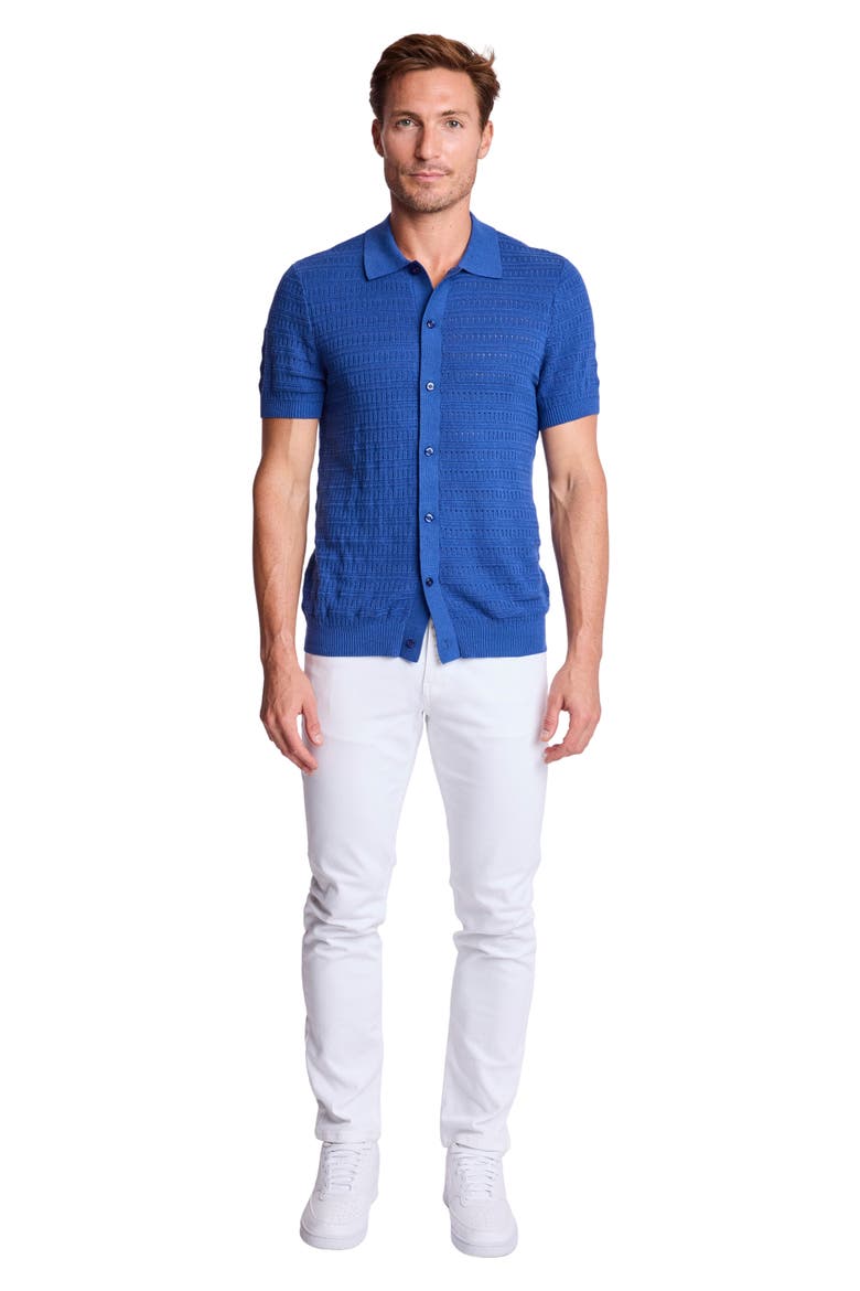 Trim Fit Geometric Knit Button-Up Polo, Alternate, color, DEEP DUSTY BLUE