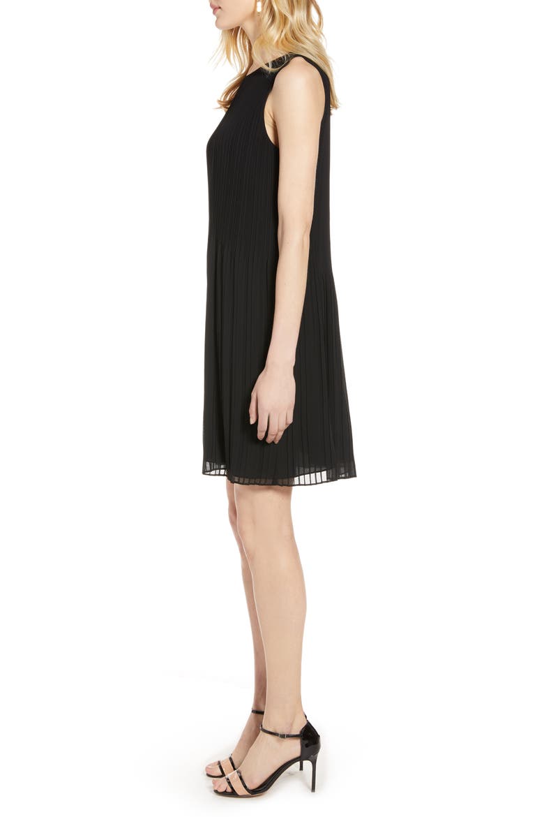 Pleated Sleeveless Shift Dress, Alternate, color, BLACK
