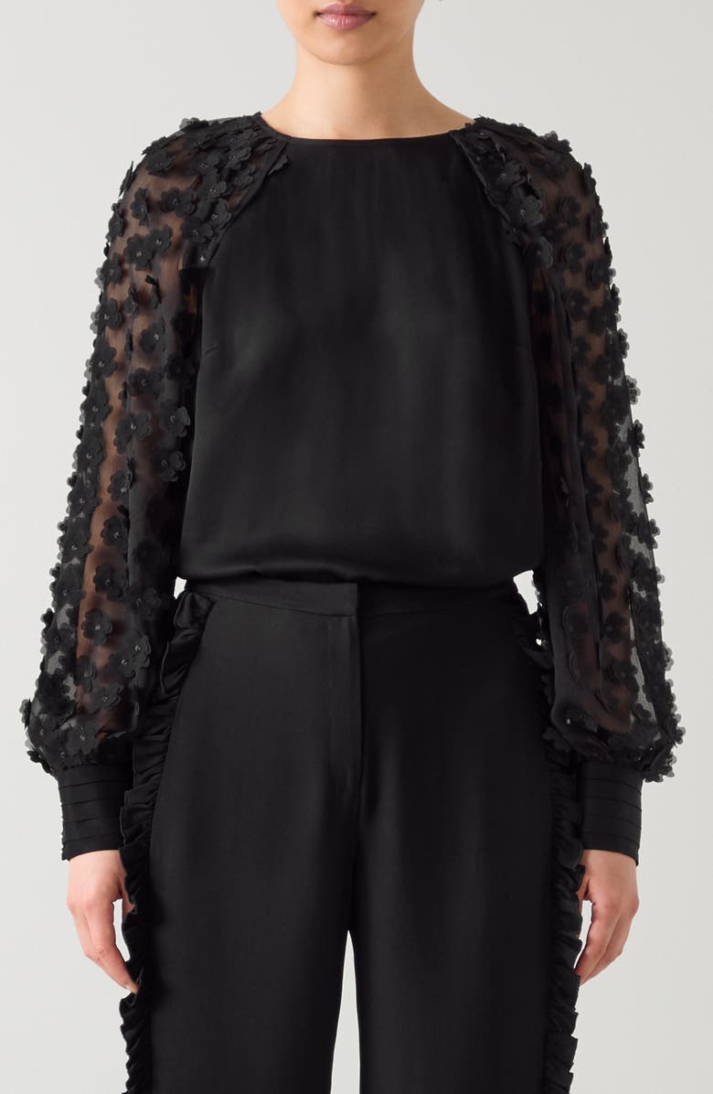 LK Bennett Gisella 3D Flower Chiffon Shirt, Main, color, Black