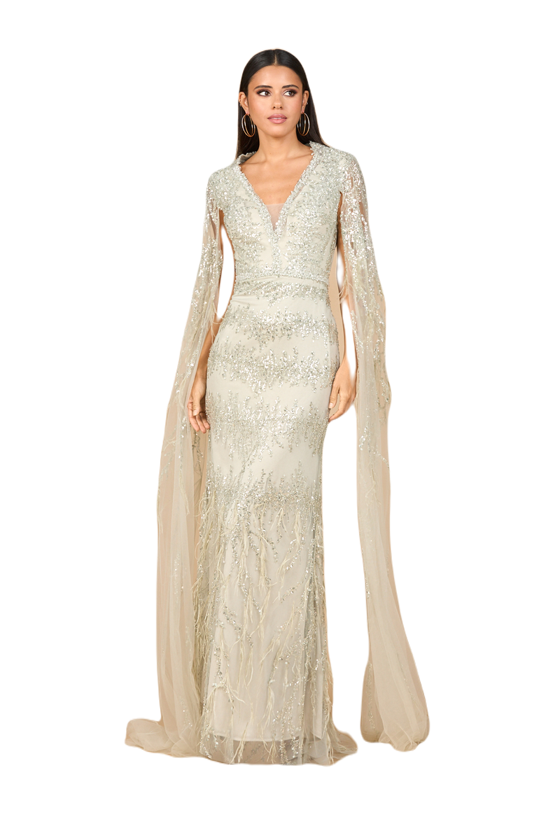 V-Neck Gown with Long Cape Sleeves and Feathers, Main, color, Sage
