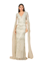 V-Neck Gown with Long Cape Sleeves and Feathers