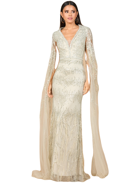 V-Neck Gown with Long Cape Sleeves and Feathers