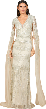 LARA New York V-Neck Gown with Long Cape Sleeves and Feathers