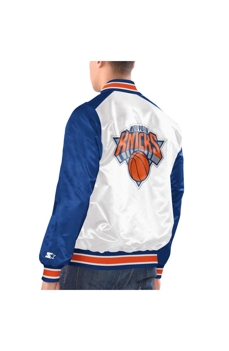 STARTER Men's Starter White/Blue New York Knicks Renegade Satin Full-Snap Varsity Jacket, Alternate, color, 