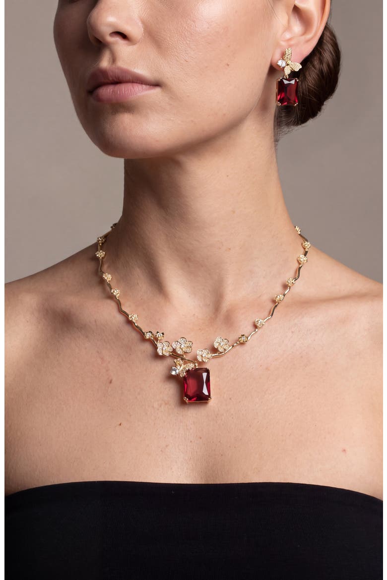 Floral Butterfly Stone Pendant Necklace And Earrings Jewelry Set, Alternate, color, Red