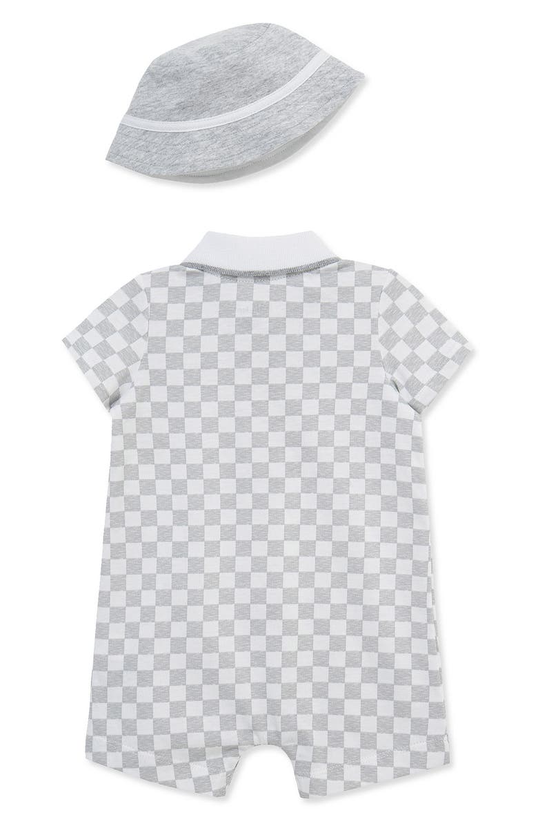 Little Me Embroidered Cotton Romper & Hat Set, Alternate, color, Grey