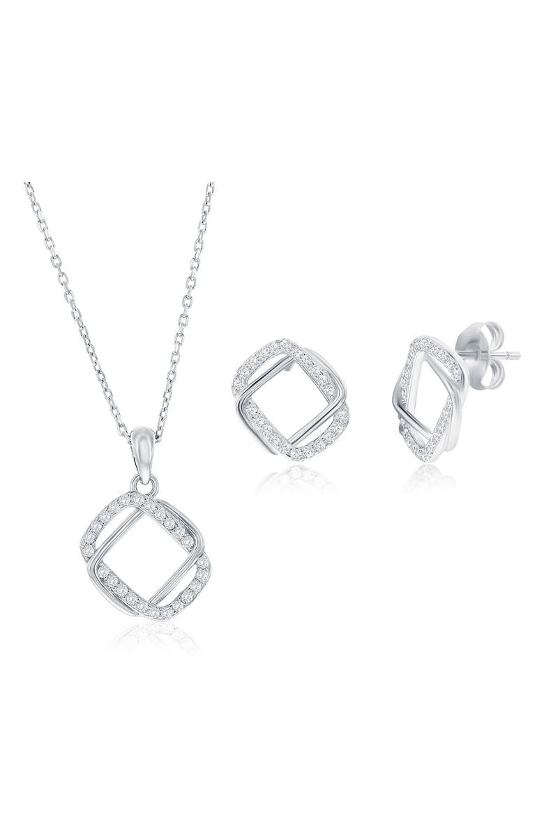 SIMONA Cubic Zirconia Interlocking Rectangle Stud Earrings & Pendant Necklace Set, Main, color, Silver
