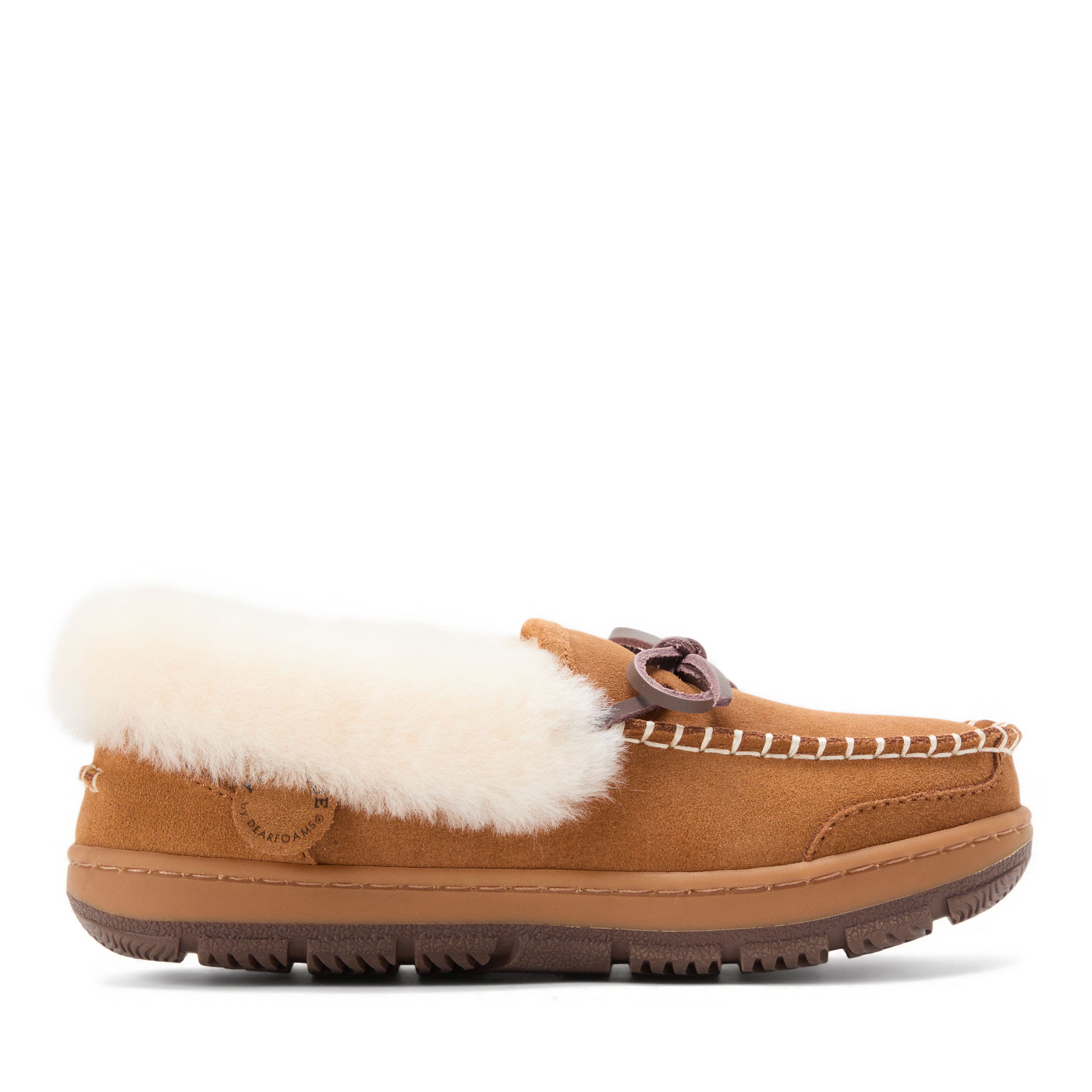 DEARFOAMS Fireside Gladstone Genuine Shearling Moccasin with Stitching, Alternate, color, Chestnut