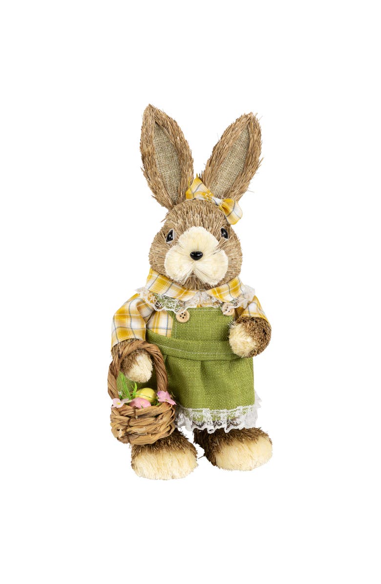 Northlight Girl Sisal Rabbit with Easter Basket Figure - 13.75" - Yellow and Green, Main, color, Yellow