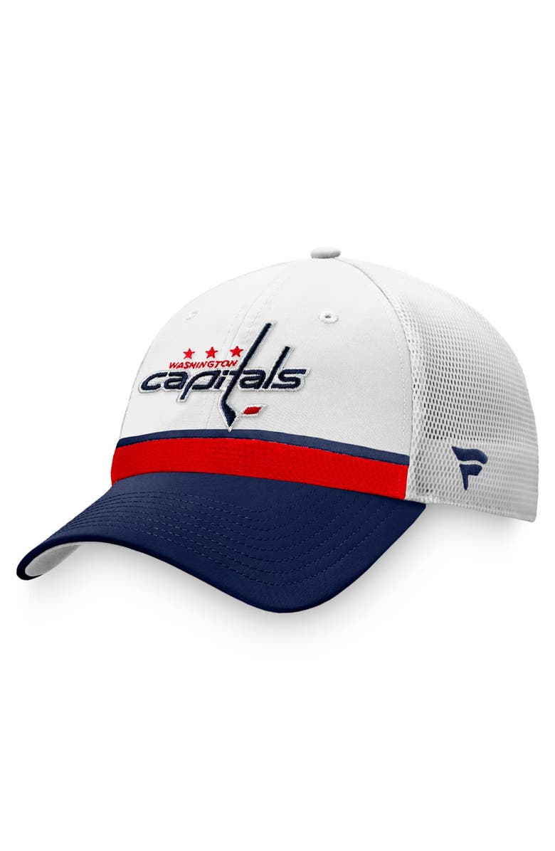 FANATICS Men's Fanatics Branded White/Navy Washington Capitals 2021 NHL Draft Authentic Pro On Stage Trucker Snapback Hat, Main, color, 