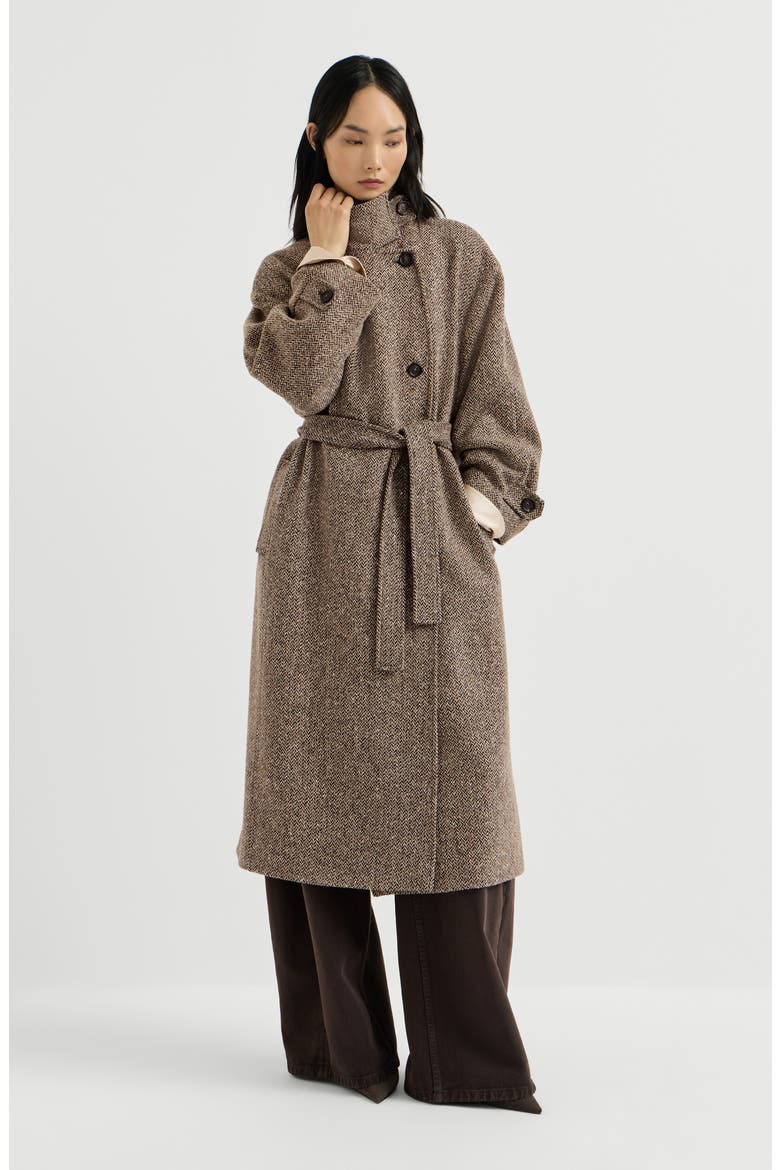 Sparkling virgin wool chevron belted coat with monili, Main, color, Light Brown