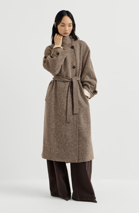 Sparkling virgin wool chevron belted coat with monili