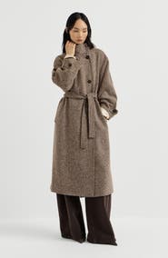 Brunello Cucinelli Sparkling virgin wool chevron belted coat with monili