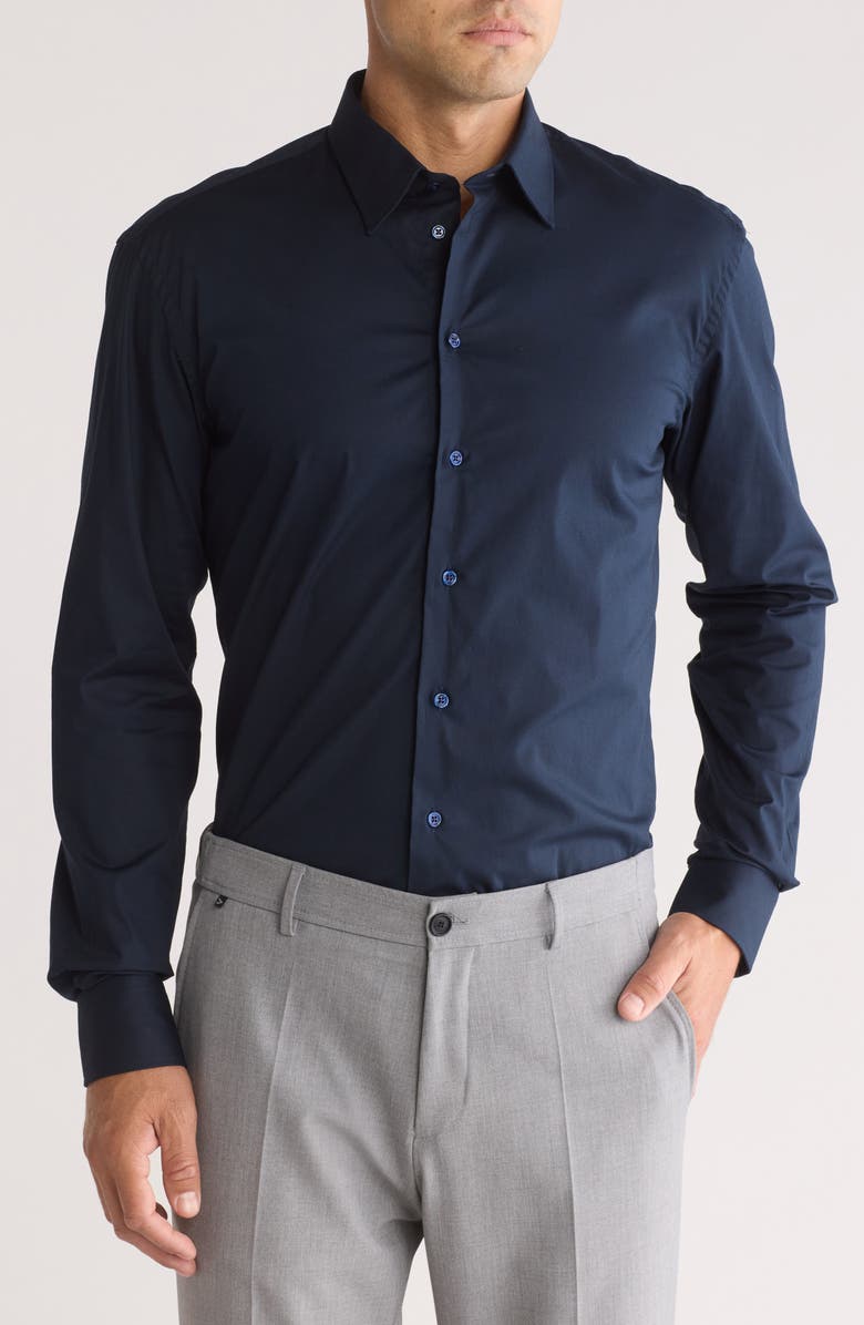 Armani Collezioni Solid Stretch Cotton Twill Dress Shirt, Main, color, Solid Blue Navy