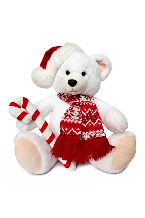 Snowy Polar Bear Santa Hat Candy Cane Plush Toy