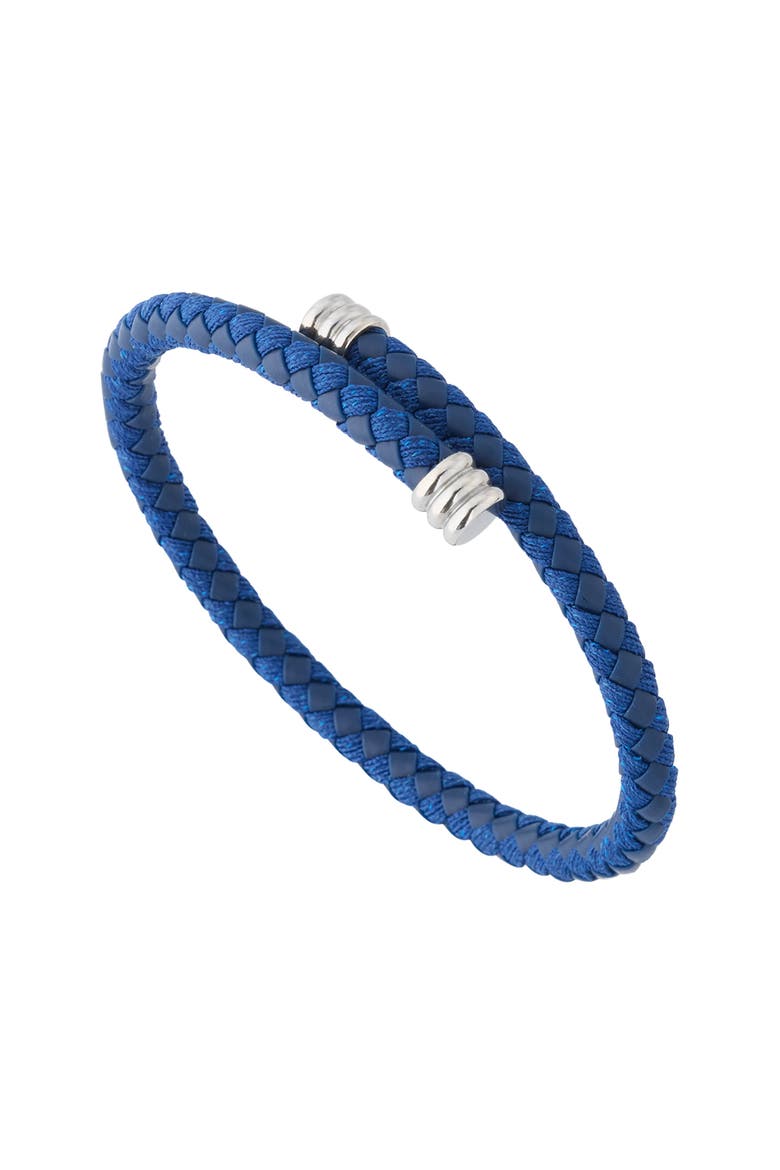 Flexible Braided Leather Bracelet With Stainless Steel End Caps, Alternate, color, BLUE