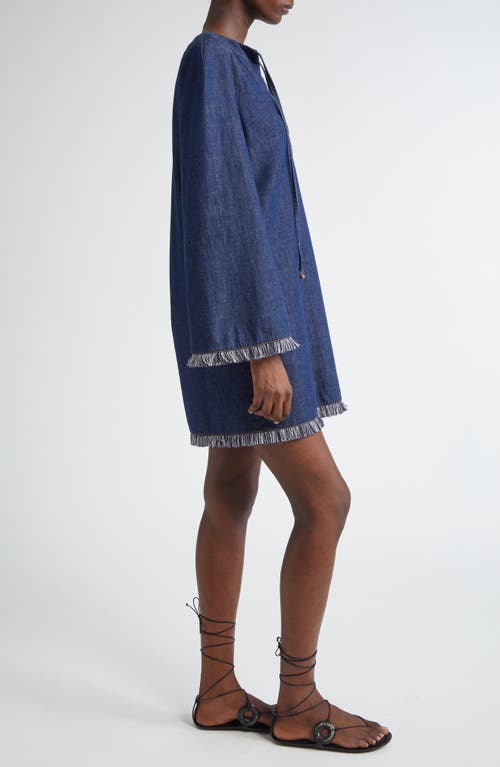 Shop Zimmermann Rhiannon Long Sleeve Fringe Trim Denim Minidress In Atlantic