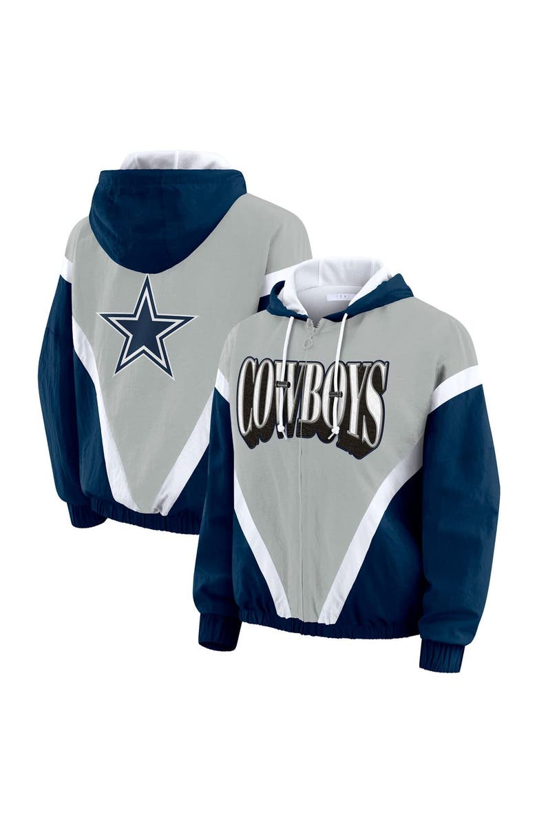 WEAR by Erin Andrews Women's WEAR by Erin Andrews Navy/Silver Dallas Cowboys Retro Crinkle Full-Zip Hoodie Windbreaker, Main, color, Navy