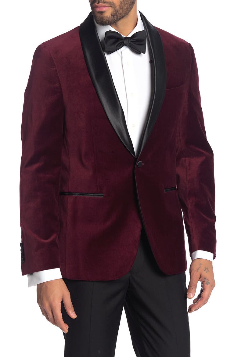 Burgundy Shawl Collar Single Button Velvet Suit Separate Sport Coat, Main, color, BURGUNDY
