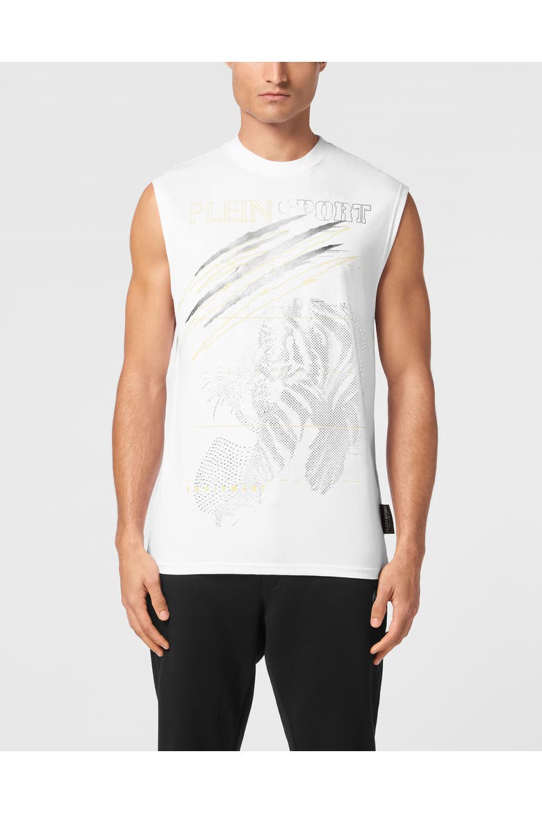 Cotton Dotted T-Shirt Round Neck Sleeveless Lamina Tiger Men, Main, color, white/lightgold