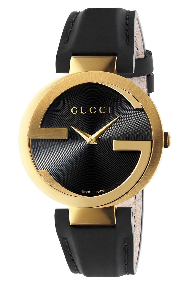 Interlocking G Leather Strap Watch, 37mm, Main, color, BLACK/ GOLD