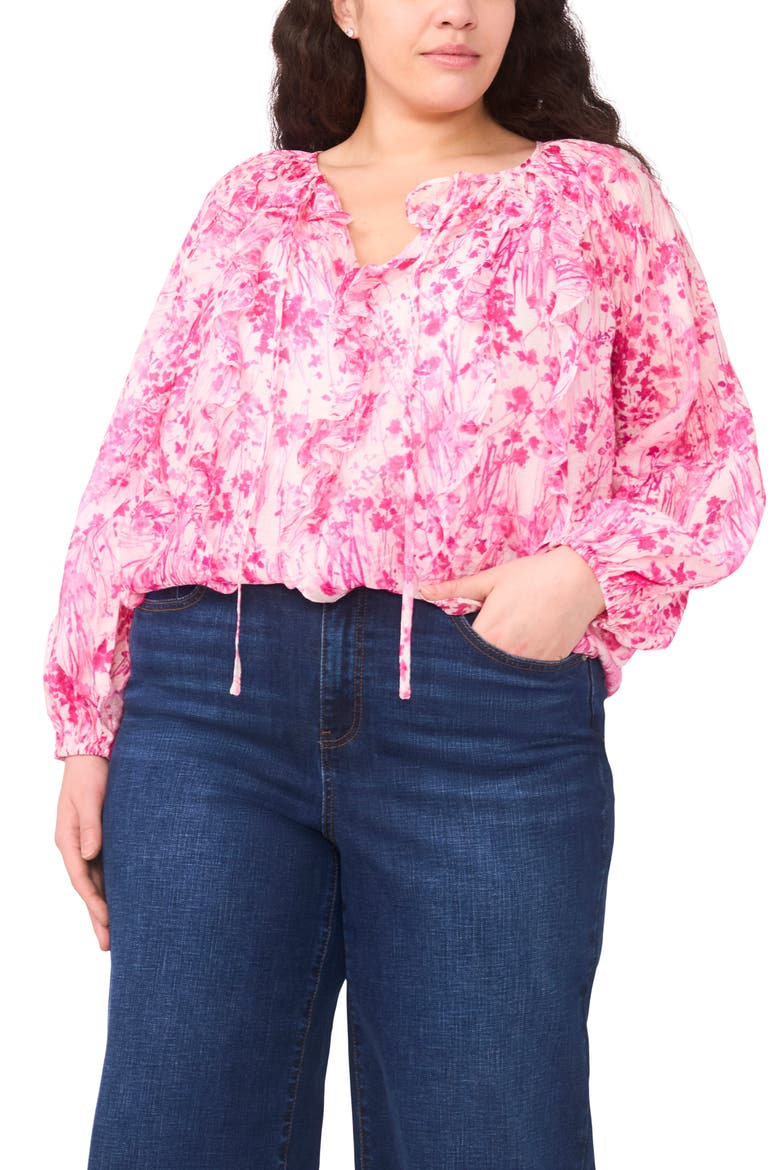 Tie Neck Ruffle Long Sleeve Top, Main, color, NEW IVORY/ PINK FLORAL