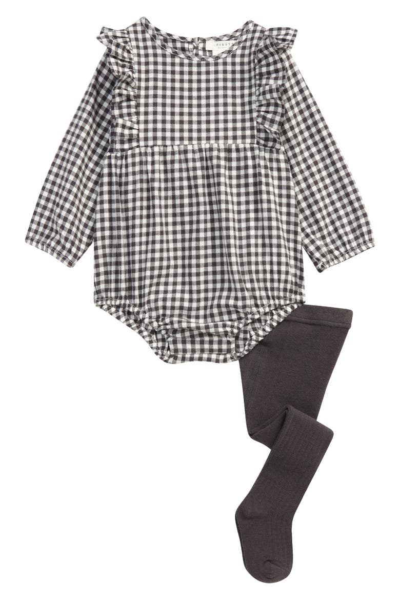Gingham Check Bodysuit and Rib Tights Set, Main, color, 902 DARK GREY