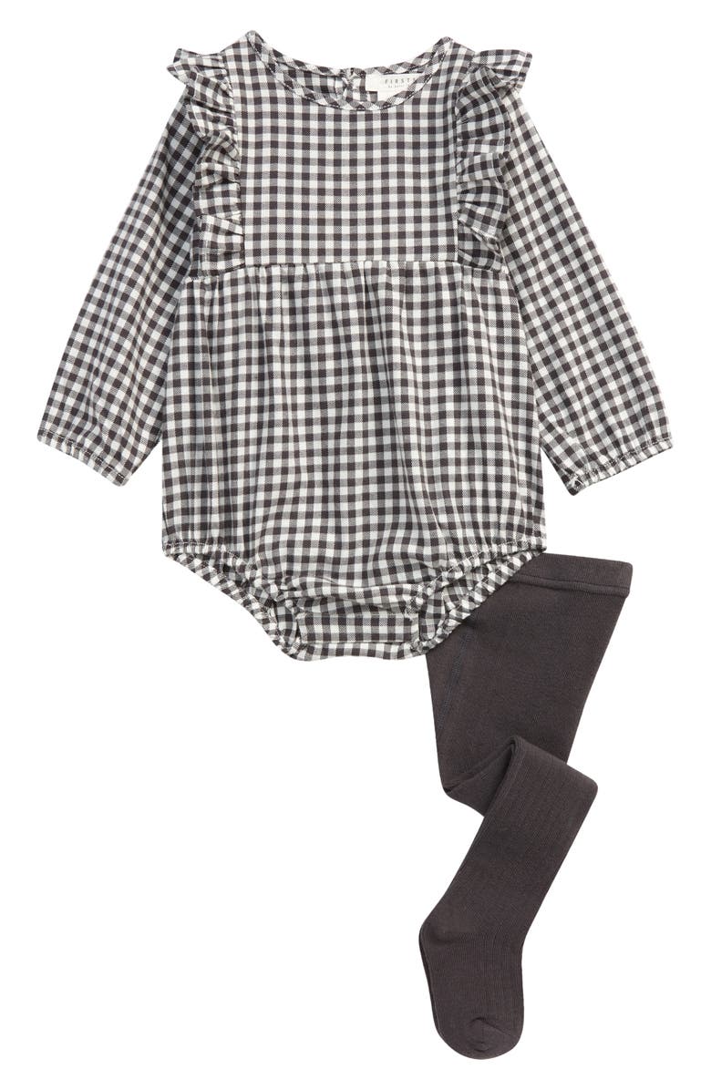 FIRSTS by Petit Lem Gingham Check Bodysuit and Rib Tights Set, Main, color, 