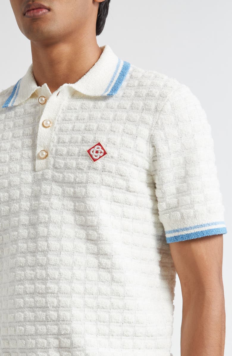 Casablanca Tipped Cotton Blend Bouclé Polo Sweater, Alternate, color, White
