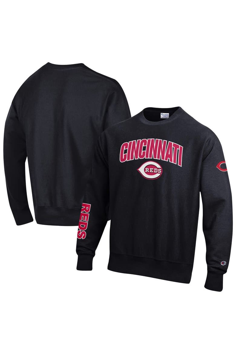 Men's Champion  Black Cincinnati Reds Reverse Weave Chenille Sweatshirt, Main, color, Black
