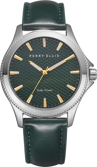 Perry Ellis Solar Powered 3-Hand Quartz Leather Strap Watch, 41mm