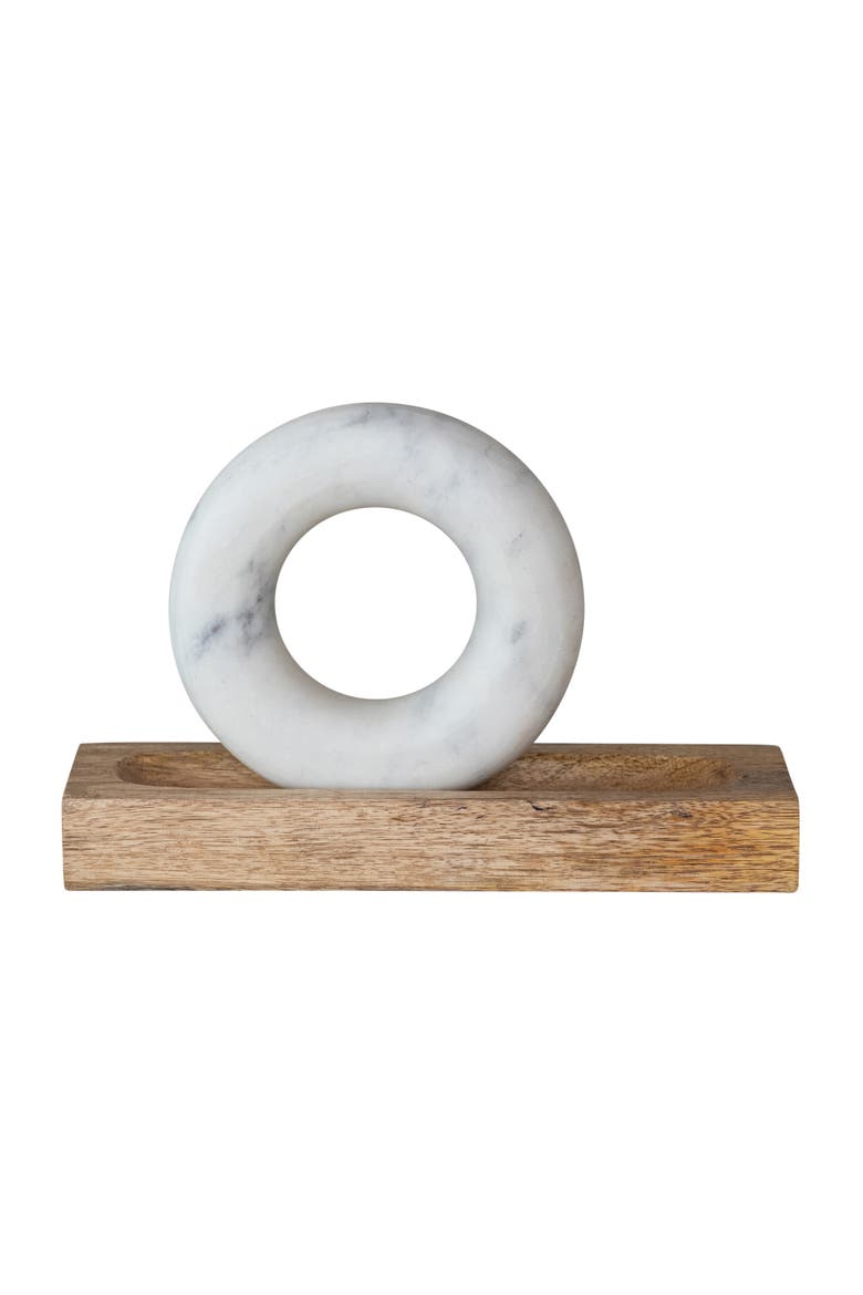 Mango Wood Mortar with Marble Ring Shaped Pestle, Natural and White, Main, color, Natural