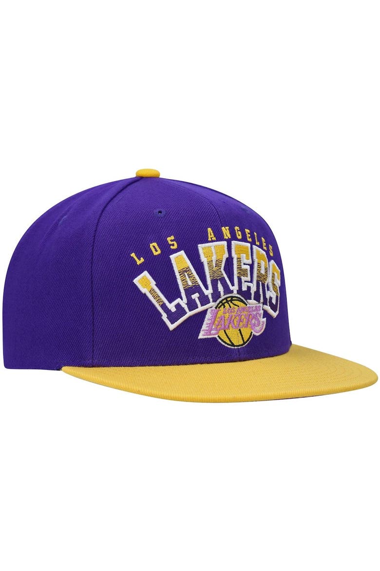 Men's Mitchell & Ness Purple/Gold Los Angeles Lakers Hardwood Classics Gradient Wordmark Snapback Hat, Alternate, color, Purple
