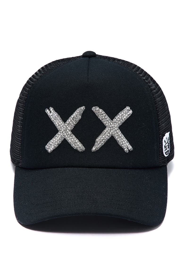 XX Crystal Embellished Trucker Hat, Alternate, color, BLACK/ WHITE