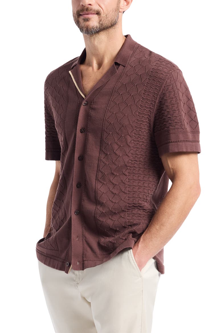Delmar Short Sleeve Cotton Pointelle Button-Up Sweater, Alternate, color, BROWN