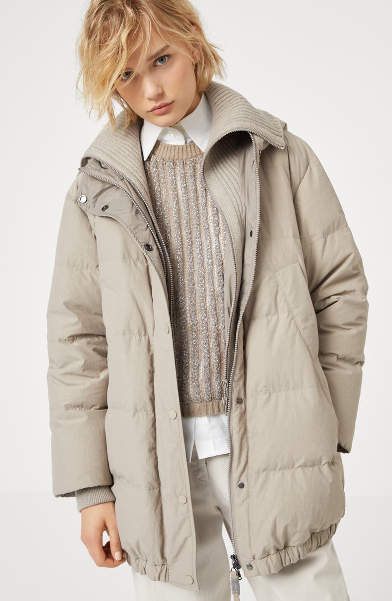 Brunello Cucinelli Water-resistant techno cotton hooded down jacket with shiny zipper pull, Alternate, color, 