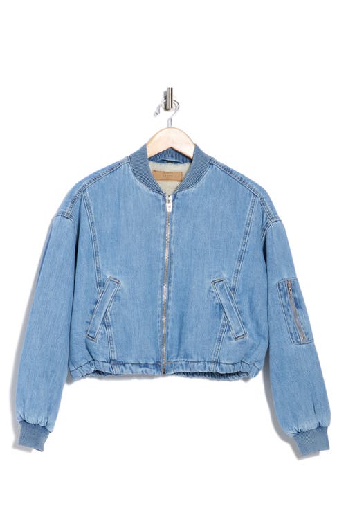 Blanknyc Faux Shearling Lined Denim Bomber Jacket In Blue