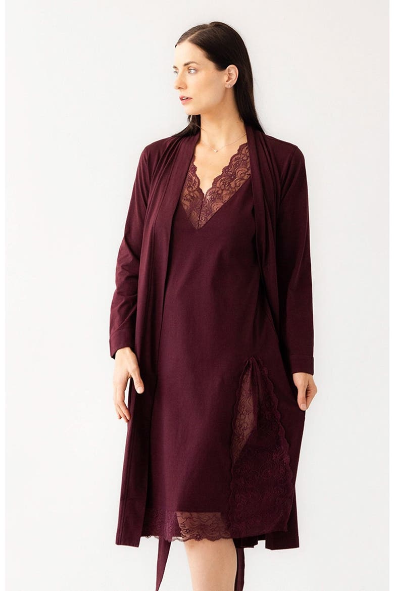 Simone Lace Trim Pima Cotton Gown, Alternate, color, Burgundy