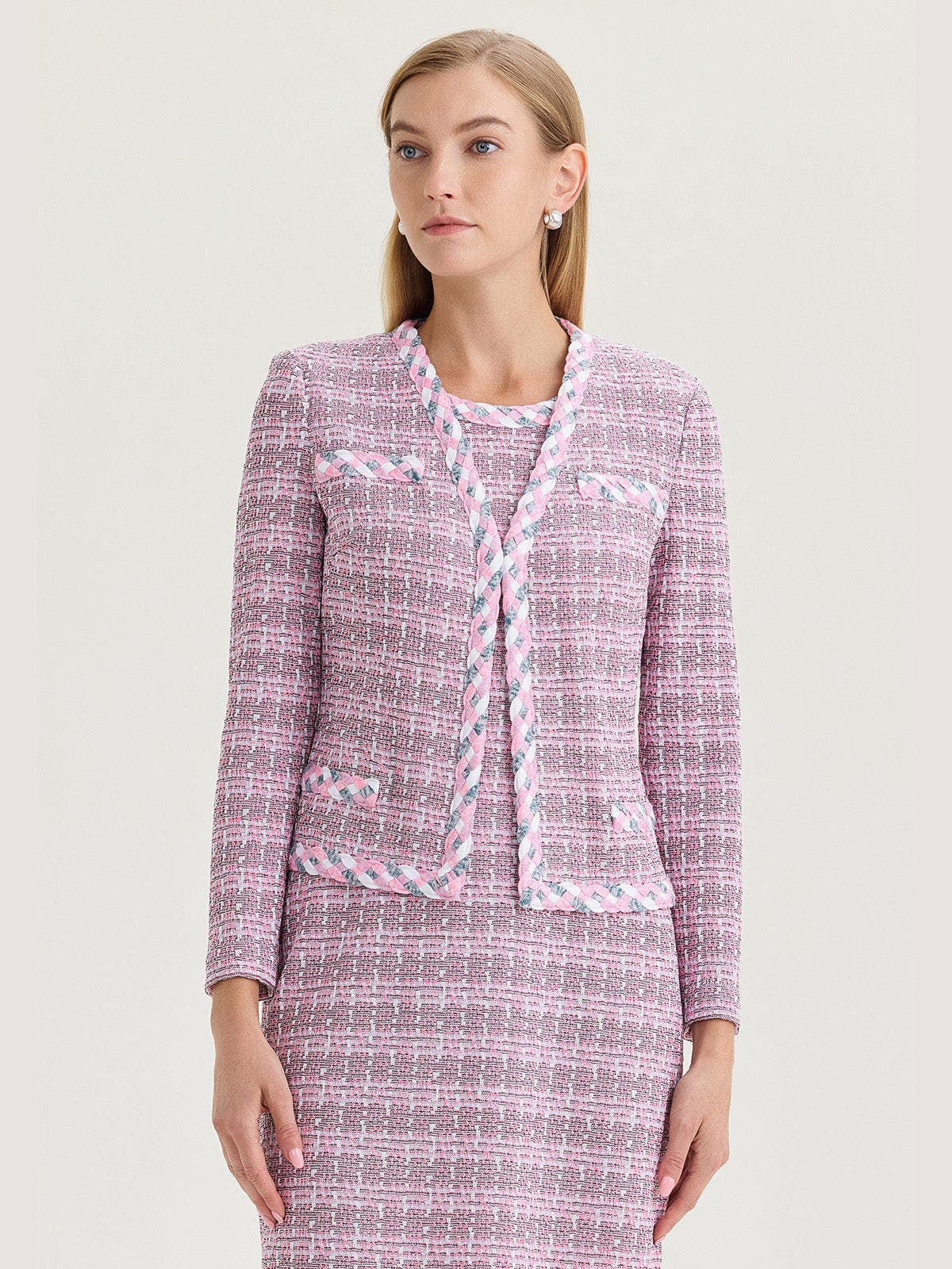 Tailored Braided Trim Tweed Knit Jacket - image 2