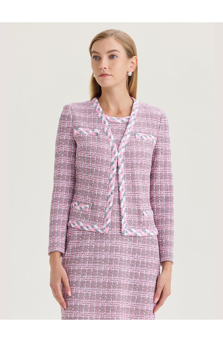 Misook Tailored Braided Trim Tweed Knit Jacket, Main, color, Pink/Blue/Black/White