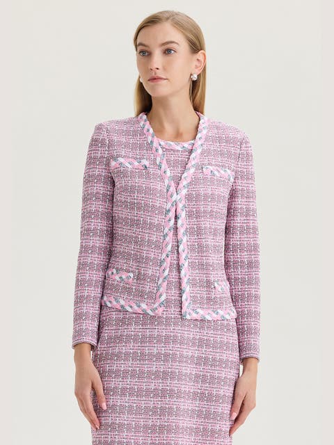 Tailored Braided Trim Tweed Knit Jacket