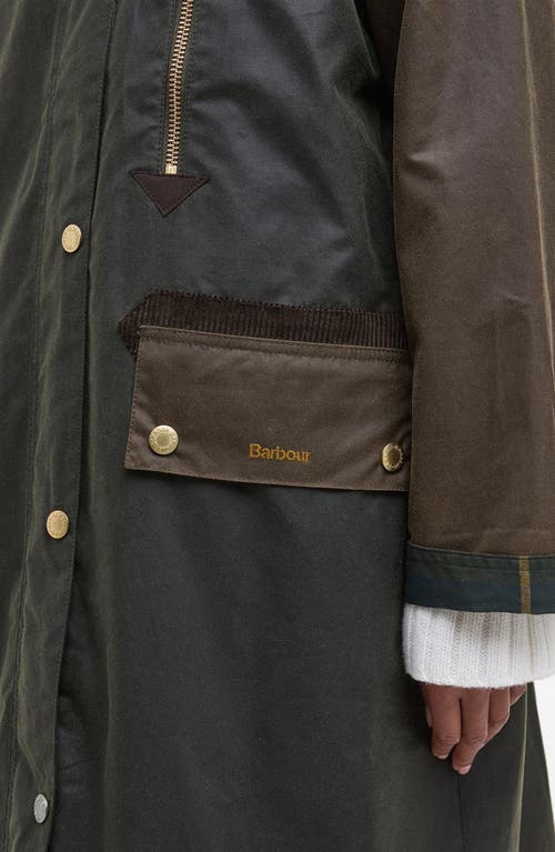 Barbour Long Length Waxed Jacket With Contrast Collar In Green
