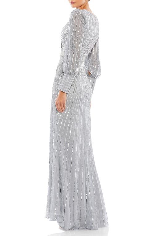 Mac Duggal Sequined Wrap Gown With Dramatic Bishop Sleeves In Silver