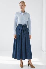 Exquise Cherrelle Long Sleeve Belted Denim Midi Dress