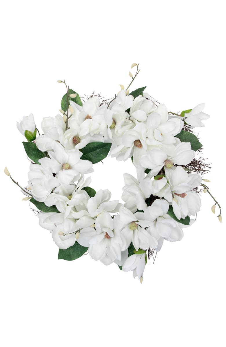 Northlight Magnolia Artificial Spring Twig Wreath - 24" - White, Main, color, White