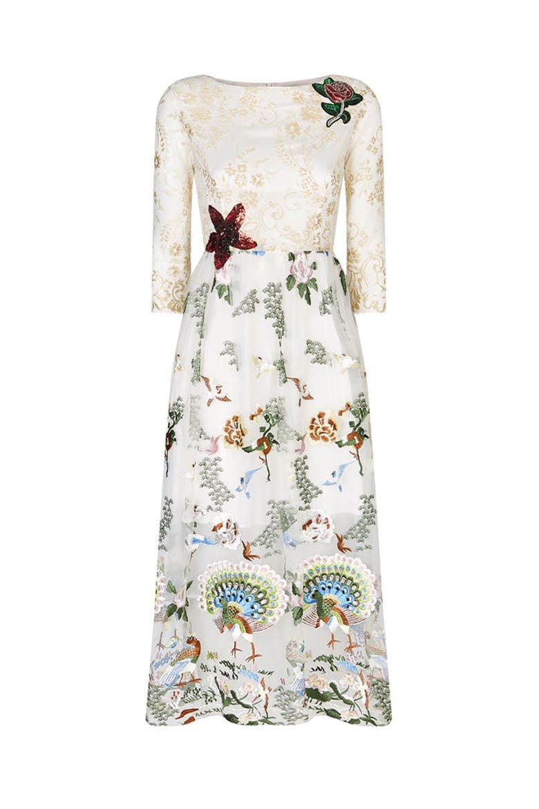 Qiaochu Embroidered Peacock Dress, Main, color, White