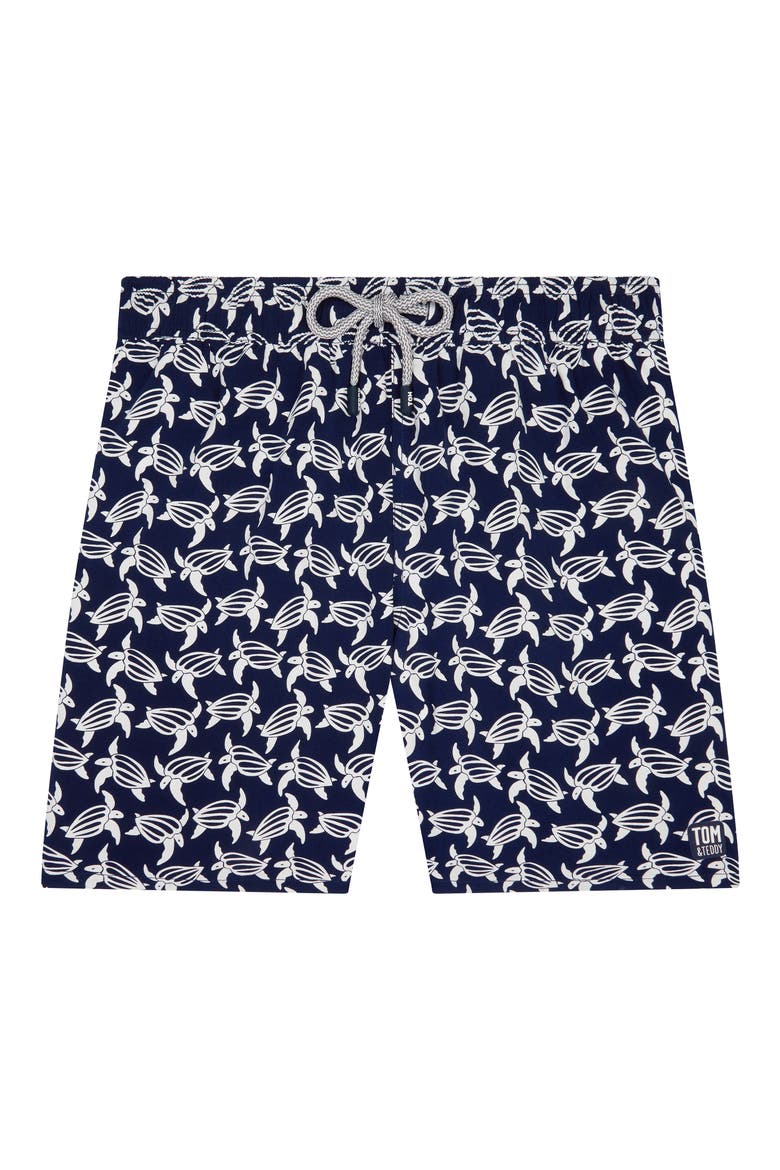 Turtle Print Swim Trunks, Alternate, color, DEEP BLUE AND WHITE