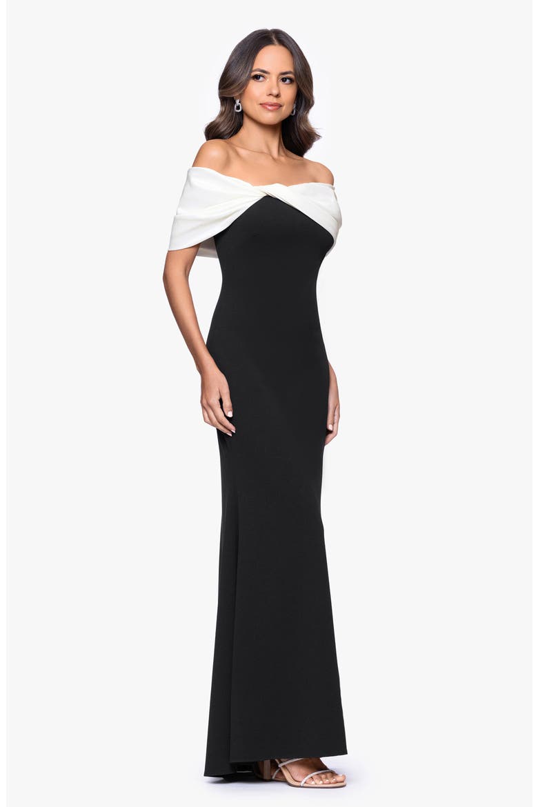 Off the Shoulder Crepe & Taffeta Sheath Gown, Alternate, color, BLACK/ WHITE
