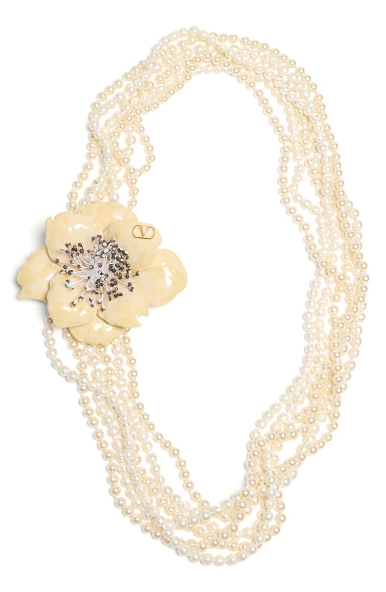 Valentino Garavani Flower Faux Pearl Necklace, Main, color, Cream Multi