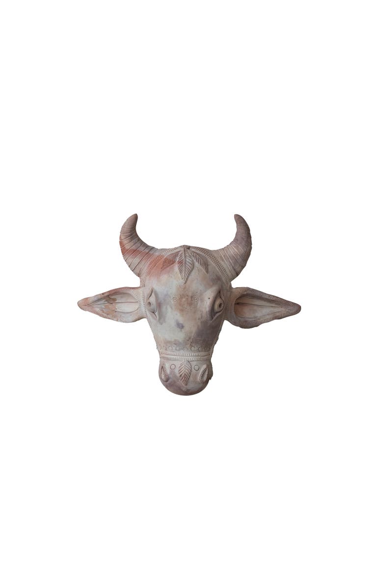 Storied Home Handmade Terra-cotta Cow Head Wall Décor, Main, color, White